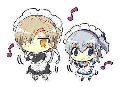 Rule 34 | 2girls, apron, azur lane, little bel (azur lane), belfast (azur lane), blonde hair, blue eyes, boots, braid, chibi, colonel aki, comic, commentary, dancing, detached collar, detached sleeves, french braid, grey hair, hair between eyes, hair over one eye, hair ribbon, looking at viewer, maid, maid apron, maid headdress, multiple girls, musical note, ribbon, sheffield (azur lane), side ponytail, smile, white background, yellow eyes, aged down