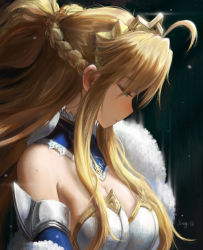 Rule 34 | 1girl, absurdres, ahoge, artoria pendragon (fate), artoria pendragon (lancer) (fate), blonde hair, blue eyes, braid, breasts, cleavage, crown, detached collar, elvafirst, fate/grand order, fate (series), french braid, highres, large breasts, sidelocks, signature, solo, upper body