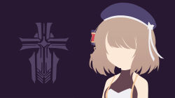Rule 34 | 1girl, absurdres, azur lane, bare shoulders, beret, blue hat, bow, breasts, brown hair, commentary request, cross, faceless, faceless female, facing viewer, hair bow, hat, hat bow, highres, iron cross, medium breasts, purple background, rock zinc, simple background, solo, striped bow, upper body, white bow, z23 (azur lane)