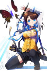 Rule 34 | 1girl, black thighhighs, blue eyes, blurry, brown hair, bug, butterfly, cygnus (sword girls), depth of field, double bun, hair bun, insect, jacket, len (a-7), long hair, lowres, new knight, shorts, solo, sword, sword girls, thighhighs, weapon