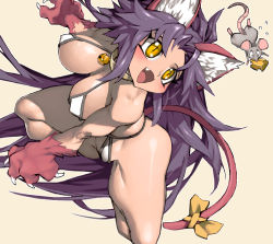 Rule 34 | 1girl, animal, animal ear fluff, animal ears, bikini, breasts, cat ears, cat girl, cat tail, chasing, cheese, claws, commentary request, covered erect nipples, fang, food, food in mouth, fur, large breasts, long hair, micro bikini, mouse (animal), narrow waist, open mouth, original, purple hair, ribbon, slit pupils, spaghetti strap, swimsuit, tail, tail ornament, tail ribbon, thick thighs, thighs, very long hair, white bikini, yellow eyes, ysk!