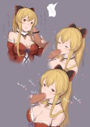 Rule 34 | 10s, bad id, bad twitter id, bare shoulders, blonde hair, breasts, censored, cleavage, closed eyes, fellatio, granblue fantasy, hair ribbon, hanarito, large breasts, multiple views, oral, penis, ponytail, red eyes, ribbon, saliva, solo focus, translation request, vira (granblue fantasy)
