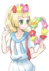 Rule 34 | 1girl, blonde hair, blunt bangs, comfey, creatures (company), emapippi, flower, flower necklace, game freak, gen 7 pokemon, green eyes, head wreath, highres, jewelry, lei, lillie (pokemon), long hair, looking at another, necklace, nintendo, pink bag, pleated skirt, pokemon, pokemon sm, ponytail, shirt, skirt, smile, white background, white shirt, white skirt