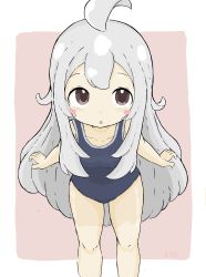 Rule 34 | 1girl, :o, absurdres, ahoge, bare arms, bare shoulders, black one-piece swimsuit, blush stickers, breasts, brown background, brown eyes, collarbone, commentary request, feet out of frame, genderswap, genderswap (mtf), grey hair, highres, leaning forward, long hair, one-piece swimsuit, onii-chan wa oshimai!, oyama mahiro, parted lips, rururu (pyrk8855), school swimsuit, small breasts, solo, standing, swimsuit, two-tone background, very long hair, white background