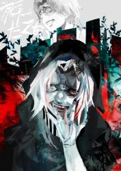 Rule 34 | 1boy, absurdres, black nails, blood, cape, clenched teeth, grey background, hand up, heterochromia, highres, hood, hood up, hooded cape, kyuuba melo, multicolored background, multiple views, nail polish, red background, red eyes, short hair, takizawa seidou, teeth, tokyo ghoul, tokyo ghoul:re, white hair, wide-eyed