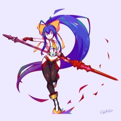 Rule 34 | 1girl, antenna hair, black pants, blazblue, blazblue: central fiction, blazblue variable heart, blue hair, boots, bow, breasts, fingerless gloves, full body, genderswap, genderswap (mtf), gloves, hair between eyes, hair bow, halterneck, halterneck, highres, holding, holding weapon, large breasts, long hair, mai natsume, midriff, pants, polearm, ponytail, red gloves, sideboob, solo, spear, very long hair, weapon