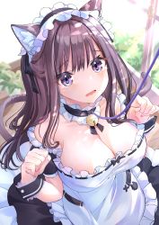 Rule 34 | 1girl, absurdres, animal ear fluff, animal ears, apron, bare shoulders, bell, black bow, black choker, black dress, bow, breasts, brown hair, bush, cat ears, cat tail, choker, cleavage, commentary request, detached sleeves, dress, frilled apron, frilled choker, frilled dress, frills, highres, jingle bell, large breasts, leash, long hair, looking at viewer, maid, maid headdress, neck bell, original, partial commentary, paru (parucom), paw pose, puffy short sleeves, puffy sleeves, ribbon-trimmed apron, ribbon trim, short sleeves, solo, tail, white apron, window, wrist cuffs