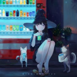 Rule 34 | 1girl, black hair, can, cat, chinese commentary, commentary request, english text, hat, highres, holding, long hair, nail polish, original, plant, potted plant, purple eyes, sandals, shrimp cc, sitting, toenail polish, toenails, vending machine, witch hat