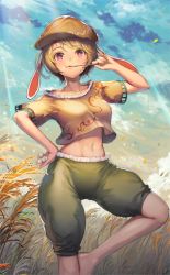 Rule 34 | 1girl, animal ears, arm up, artist request, baggy shorts, barefoot, blonde hair, blue sky, breasts, brown hat, cloud, collarbone, crop top, dango, day, feet out of frame, flat cap, food, frills, green shorts, hand on own hip, hat, holding, holding food, light rays, looking at viewer, medium breasts, midriff, navel, outdoors, rabbit ears, red eyes, ringo (touhou), shirt, short hair, short sleeves, shorts, sky, solo, standing, standing on one leg, stomach, touhou, touhou cannonball, wagashi, yellow shirt