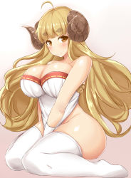 Rule 34 | 10s, 1girl, anila (granblue fantasy), bare shoulders, between legs, blonde hair, blush, bottomless, breasts, brown eyes, cleavage, curvy, demon girl, draph, eyebrows, female focus, futoshi (suraimu), gloves, goat horns, gradient background, granblue fantasy, hand between legs, horns, huge breasts, kneeling, long hair, looking at viewer, no bra, no panties, no shoes, sheep horns, shirt, shirt tug, simple background, sitting, smile, solo, thick eyebrows, thighhighs, wariza, white gloves, white thighhighs, wide hips