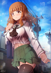 Rule 34 | 1girl, black thighhighs, blush, breasts, closed mouth, girls und panzer, highres, large breasts, long hair, megadeko, navel, ooarai school uniform, orange eyes, orange hair, outdoors, school uniform, sky, smile, solo, takebe saori, thighhighs