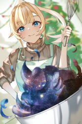 Rule 34 | 1girl, absurdres, aizawa ema, alternate costume, alternate hairstyle, bad food, blonde hair, blue eyes, blush, brown sweater, christmas, christmas lights, christmas tree, eyebrows hidden by hair, green hair, hair flaps, hand on own hip, high collar, highres, light particles, mixing bowl, multicolored hair, ponytail, ribbed sweater, ringozeri, sleeves rolled up, star (sky), streaked hair, sweater, tongue, tongue out, turtleneck, turtleneck sweater, virtual youtuber, vspo!, whisk
