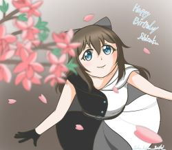 Rule 34 | 1girl, aqua eyes, artist name, artist request, back bow, bare shoulders, belt, black dress, black gloves, black skirt, blue eyes, blush, bow, branch, breasts, brown hair, buttons, choker, collarbone, dress, drop earrings, earrings, female focus, gloves, grey background, grey belt, grey bow, grey skirt, hair between eyes, hair bow, high ponytail, highres, jewelry, lace, lace gloves, long hair, looking at viewer, looking up, love live!, love live! nijigasaki high school idol club, love live! school idol festival, multicolored clothes, necklace, off-shoulder dress, off shoulder, osaka shizuku, outstretched arms, parted lips, petals, pink petals, ponytail, sidelocks, skirt, sleeveless, sleeveless dress, smile, solitude rain (love live!), solo, tree, two-tone dress, white bow, white dress, white skirt