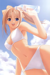 Rule 34 | 00s, 1girl, :d, absurdres, after (game), bikini, bottle, bow, breasts, cleavage, cloud, day, foreshortening, hair bow, highres, medium breasts, open mouth, ponytail, shiomiya kanami, sky, smile, solo, swimsuit, tony taka, water bottle, white bikini