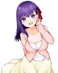 Rule 34 | 1girl, :d, arm behind back, blush, breasts, cleavage, collarbone, commentary request, cowboy shot, fate/stay night, fate (series), hair ribbon, hand up, head tilt, highres, jacket, long hair, long skirt, long sleeves, matou sakura, medium breasts, open mouth, pink jacket, purple eyes, purple hair, red ribbon, ribbon, round teeth, skirt, smile, solo, standing, takae (poupee en biscuit), teeth, yellow skirt