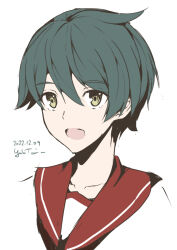 Rule 34 | 1girl, artist name, dated, green eyes, green hair, hair between eyes, highres, kantai collection, looking at viewer, mogami (kancolle), one-hour drawing challenge, open mouth, red serafuku, school uniform, serafuku, short hair, simple background, smile, solo, taira yuuki, upper body, white background