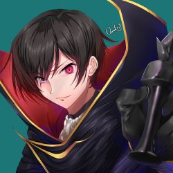 Rule 34 | 1boy, absurdres, aqua background, black hair, chess piece, code geass, eyes visible through hair, geass, hair over one eye, heterochromia, highres, holding, king (chess), lelouch vi britannia, male focus, maou (demonlord), purple eyes, red eyes, simple background, solo, white neckwear