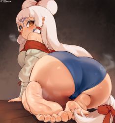 Rule 34 | 1girl, aged down, all fours, ass, barefoot, blue panties, blush, bow, breath, cleft of venus, commentary request, feet, foot focus, foreshortening, from behind, hair bow, hyrule warriors: age of calamity, impa, jtveemo, long hair, nintendo, panties, pointy ears, red bow, red eyes, soles, solo, steam, the legend of zelda, the legend of zelda: breath of the wild, toes, twitter username, underwear, very long hair, white hair