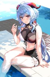 Rule 34 | 1girl, ahoge, bell, blue eyes, blush, breasts, clothing cutout, crossed legs, ganyu (genshin impact), genshin impact, goat horns, hand up, highres, horns, large breasts, long hair, looking at viewer, navel, neck bell, one-piece swimsuit, open mouth, purple eyes, revision, sidelocks, sitting, solo, stomach, swimsuit, temir, thighs, very long hair, wavy hair, wet