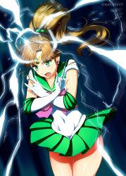 Rule 34 | 1girl, bishoujo senshi sailor moon, brown hair, commentary request, crossed arms, dark background, earrings, elbow gloves, electricity, electrokinesis, gloves, green eyes, hair bobbles, hair ornament, headband, highres, jewelry, lightning, mattari yufi, open mouth, pleated skirt, ponytail, sailor jupiter, school uniform, serafuku, shiny skin, shirt, skindentation, skirt, sleeveless, sleeveless shirt, solo, tight clothes, tight shirt, twitter username