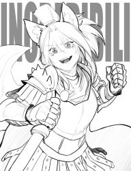 Rule 34 | 1girl, animal ear fluff, animal ears, armor, breastplate, clenched hand, commission, eyes visible through hair, fangs, gauntlets, greyscale, hair between eyes, highres, holding, holding knife, incoming attack, incoming punch, knife, less, looking at viewer, monochrome, open mouth, original, pauldrons, ponytail, punching, shoulder armor, shoulder spikes, skirt, slit pupils, solo, spikes, teeth, v-shaped eyebrows