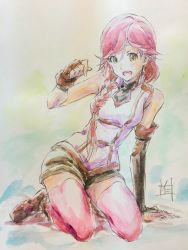 Rule 34 | 10s, 1girl, :d, arm support, armpits, bad id, bad pixiv id, blush, boots, braid, breasts, brown eyes, fingerless gloves, from side, gloves, hai to gensou no grimgar, hair over shoulder, highres, kneeling, long hair, looking at viewer, multicolored background, nii manabu, open mouth, red hair, red thighhighs, shirt, shorts, single braid, sitting, sleeveless, sleeveless shirt, smile, solo, thighhighs, traditional media, watercolor pencil (medium), yume (grimgar)