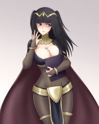 Rule 34 | 1girl, bodysuit, book, breasts, cape, cleavage, fire emblem, fire emblem awakening, hayato stuff, highres, large breasts, long hair, long sleeves, looking to the side, nintendo, pelvic curtain, teeth, tharja (fire emblem), twintails