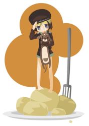 Rule 34 | 1girl, carrying, chibi, dachshund, dog, erica hartmann, food, fork, hat, kamereon three, military, military uniform, multicolored hair, plate, potato, salute, strike witches, two-tone hair, uniform, world witches series