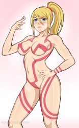 Rule 34 | 1girl, arm up, bare shoulders, blonde hair, blue eyes, blush, breasts, closed mouth, collarbone, covered erect nipples, eyelashes, feet out of frame, female focus, hair between eyes, hair tie, highres, large breasts, lepypepy, lips, long hair, metroid, mole, mole under mouth, navel, nintendo, patreon username, ponytail, revealing clothes, samus aran, shiny skin, sidelocks, solo, standing, sweat, thighs, watermark, web address