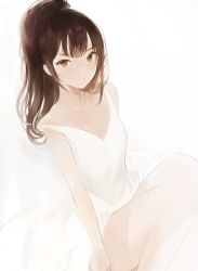 Rule 34 | 1girl, bad id, bad twitter id, bare arms, bare legs, blush, brown eyes, brown hair, character request, copyright request, dress, long hair, looking at viewer, lpip, off shoulder, ponytail, simple background, sitting, smile, solo, white background, white dress