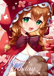 Rule 34 | 1girl, :d, ahoge, animal ears, animal hands, animal hood, blurry, blurry background, blush, bow, box, braid, breasts, brown bow, brown gloves, brown hair, cleavage, cloak, commentary request, depth of field, fake animal ears, gift, gift box, gloves, green eyes, hair between eyes, holding, holding gift, hood, hood up, hooded cloak, long hair, looking at viewer, medium breasts, nijisanji, open mouth, paw gloves, red cloak, shirt, smile, solo, twin braids, upper body, virtual youtuber, warabeda meijii, white shirt, yamabukiiro
