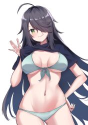 Rule 34 | 1girl, ahoge, bikini, black hair, blue shirt, breasts, clothes lift, cowboy shot, front-tie bikini top, front-tie top, green bikini, green eyes, hair over one eye, highres, kako (kancolle), kantai collection, lanthan, large breasts, lifted by self, looking at viewer, navel, shirt, shirt lift, short sleeves, sidelocks, simple background, smile, solo, standing, swimsuit, white background