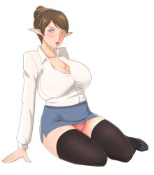 Rule 34 | 1girl, breasts, cleavage, elf, female focus, large breasts, office lady, pointy ears, simple background, solo, supi (inner map), tagme, thighhighs