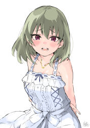 Rule 34 | 1girl, arms behind back, bare shoulders, blush, bow, breasts, cleavage, collarbone, dot nose, dress, frilled dress, frills, green hair, idolmaster, idolmaster million live!, idolmaster million live! theater days, jewelry, mitogawawataru, nagayoshi subaru, necklace, open mouth, pure onepiece (idolmaster), red eyes, short hair, signature, simple background, sleeveless, sleeveless dress, small breasts, solo, teeth, upper body, waist bow, white background, white bow, white dress