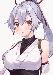 Rule 34 | 1girl, absurdres, asymmetrical sleeves, black undershirt, blush, breasts, chestnut mouth, eyelashes, fate/grand order, fate (series), felnemo, grey background, grey hair, hair between eyes, highres, japanese clothes, kimono, large breasts, long bangs, long hair, looking at viewer, magatama, off shoulder, open mouth, ponytail, red eyes, simple background, solo, tomoe gozen (fate), upper body