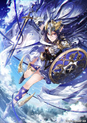Rule 34 | 1girl, armor, asymmetrical armor, bare legs, blue hair, breastplate, day, dreadnought (tcg), earrings, elf, floating hair, foreshortening, full body, gauntlets, glint, headpiece, holding, holding sword, holding weapon, jewelry, knight, kyouka hatori, long hair, looking at viewer, outdoors, pointy ears, purple eyes, running, shield, shoes, shoulder pads, skirt, sky, solo, sword, tattoo, thigh strap, unsheathed, weapon, white skirt, winged footwear, wings