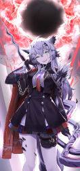 1girl :d absurdres aiguillette animal_ears aqua_eyes arknights arm_up black_gloves black_hole black_jacket black_skirt cape chinese_commentary commentary cowboy_shot crossed_bangs energy gloves gradient_necktie grey_hair hair_between_eyes hair_ornament hairclip hand_in_own_hair head_tilt high-waist_skirt highres holding holding_weapon jacket lappland_(arknights) lappland_the_decadenza_(arknights) long_hair long_sleeves material_growth necktie open_mouth orange_cape orange_necktie oripathy_lesion_(arknights) purple_necktie scar scar_across_eye schodinger sharp_teeth skirt smile solo standing tail teeth weapon wolf_ears wolf_girl wolf_tail