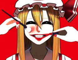 Rule 34 | 1girl, blonde hair, collarbone, fangs, fingernails, flandre scarlet, gingham (amalgam), grin, hair between eyes, hat, highres, holding, lipstick, long hair, looking at viewer, lower teeth only, makeup, makeup brush, mob cap, nail polish, red background, ribbon, simple background, smile, solo, teeth, touhou, upper body, upper teeth only