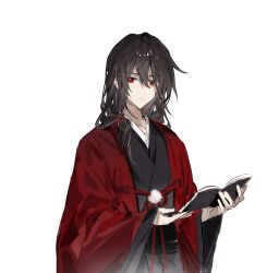 Rule 34 | 1boy, black kimono, book, brown hair, call of cthulhu, character request, chinese commentary, closed mouth, commentary request, hair between eyes, haori, highres, holding, holding book, japanese clothes, kimono, long hair, long sleeves, male focus, mingjing fangfu keyi zhanduan chuntian, simple background, solo, upper body, white background, wide sleeves, xiaohuaitongxue