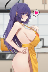 Rule 34 | 1girl, absurdres, apron, blue archive, blurry, blurry background, blush, breasts, breath, cooking, cooking pot, hair intakes, halo, hand on own hip, heart, highres, indoors, kitchen, large breasts, long hair, looking at viewer, mcbox, naked apron, oven, profile, purple eyes, purple hair, sideboob, sideways glance, solo, spoken heart, stove, two side up, underwear, very long hair, yellow apron, yuuka (blue archive)