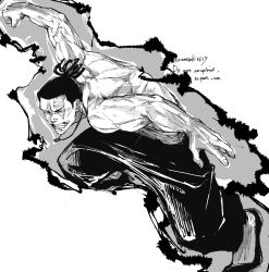 Rule 34 | 1boy, aura, fighting stance, from above, full body, greyscale, highres, jujutsu kaisen, legs apart, male focus, monochrome, murasaki1617, muscular, muscular male, outstretched arms, scar, scar across eye, short hair, sideburns, solo, spread arms, standing, toudou aoi (jujutsu kaisen)