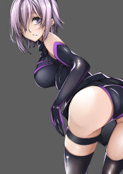 Rule 34 | 1girl, absurdres, ass, bare shoulders, baron suzuki, breasts, fate/grand order, fate (series), grey background, highres, large breasts, light purple hair, looking at viewer, mash kyrielight, purple eyes, simple background, smile, solo, thighs