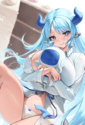 Rule 34 | 1girl, animal ears, blue eyes, breasts, closed mouth, collared shirt, cow ears, cow girl, cow horns, highres, horns, hugging object, indie virtual youtuber, indoors, large breasts, long hair, long sleeves, looking at viewer, miilkywayz, mole, mole under mouth, padoruu, panties, shirt, sitting, solo, stuffed animal, stuffed toy, underwear, virtual youtuber, white panties
