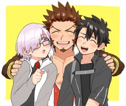 Rule 34 | 2boys, beard, blush, brown hair, facial hair, fate/grand order, fate (series), fujimaru ritsuka (male), fujimaru ritsuka (male) (polar chaldea uniform), glasses, hair over one eye, hand on another&#039;s shoulder, long sideburns, long sleeves, looking at viewer, male focus, mash kyrielight, multiple boys, muscular, napoleon bonaparte (fate), open mouth, pectorals, purple hair, scar, shitappa, short hair, sideburns, simple background, smile, teeth, upper body