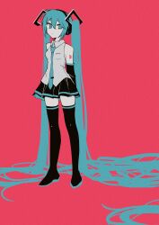 Rule 34 | 1girl, absurdly long hair, arms behind back, bare shoulders, black footwear, black skirt, black thighhighs, blue eyes, blue hair, blue necktie, boots, breasts, closed mouth, collared shirt, colored shoe soles, commentary, detached sleeves, dot mouth, english commentary, full body, grey shirt, hair between eyes, hair ornament, hair spread out, hatsune miku, highres, limited palette, long hair, looking to the side, miniskirt, necktie, no nose, number tattoo, pink background, rinhuei, shirt, shoulder tattoo, sideways glance, simple background, skirt, sleeveless, sleeveless shirt, small breasts, solo, standing, tattoo, thigh boots, thighhighs, twintails, very long hair, vocaloid, zettai ryouiki