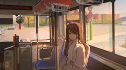 Rule 34 | 1girl, 1other, absurdres, brown eyes, brown hair, brown jacket, building, bus, bus interior, closed mouth, commentary request, elf, highres, horns, hua ming wink, jacket, long hair, looking at viewer, mirror, motor vehicle, original, pointy ears, road, road sign, shirt, sign, single horn, sitting, smile, traffic light