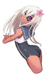 Rule 34 | 1girl, ass, back, blue eyes, boushi-ya, crop top, eyes visible through hair, flower, hair between eyes, hair flower, hair ornament, kantai collection, one-piece swimsuit, one-piece tan, open mouth, ro-500 (kancolle), sailor collar, school swimsuit, simple background, solo, swimsuit, swimsuit under clothes, tan, tanline, thighs, white hair