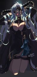 Rule 34 | 1girl, arms up, black dress, blindfold, breasts, cleavage cutout, clothing cutout, cosplay, dress, facing viewer, fangs, fediel (granblue fantasy), galleon (granblue fantasy), galleon (granblue fantasy) (cosplay), galleon (life&#039;s compassionate observer) (granblue fantasy), granblue fantasy, grey hair, highres, horns, ikenotori, kneeling, large breasts, long hair, long sleeves, open mouth, parted bangs, solo, thigh strap, tongue, tongue out, turtleneck, twitter username, very long hair