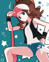 Rule 34 | 1girl, baseball cap, black vest, blue background, blue eyes, blue shorts, brown hair, closed mouth, commentary, commentary request, creatures (company), denim, denim shorts, frown, game freak, hat, high ponytail, hilda (pokemon), kanade (unchi knd280), legs apart, long hair, nintendo, open clothes, open vest, pink bag, pokemon, pokemon bw, ponytail, print headwear, shirt, short shorts, short sleeves, shorts, simple background, sleeveless, sleeveless shirt, solo, standing, star (symbol), starry background, symbol-only commentary, tank top, thighs, vest, white shirt, wristband