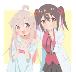 Rule 34 | 2girls, :d, ahoge, belt, black hair, black skirt, brown eyes, coat, colored inner hair, commentary, grey hair, grin, hair between eyes, hair ornament, hair ribbon, hairclip, hand on another&#039;s shoulder, highres, joidon0404, lab coat, light blush, long hair, long sleeves, medium hair, multicolored hair, multiple girls, off shoulder, onii-chan wa oshimai!, open clothes, open coat, open mouth, oversized clothes, oversized shirt, oyama mahiro, oyama mihari, pink hair, pleated skirt, purple hair, red ribbon, red shirt, ribbon, shirt, short sleeves, siblings, simple background, single bare shoulder, sisters, skirt, smile, t-shirt, twintails, two-tone hair, v over mouth, yellow background